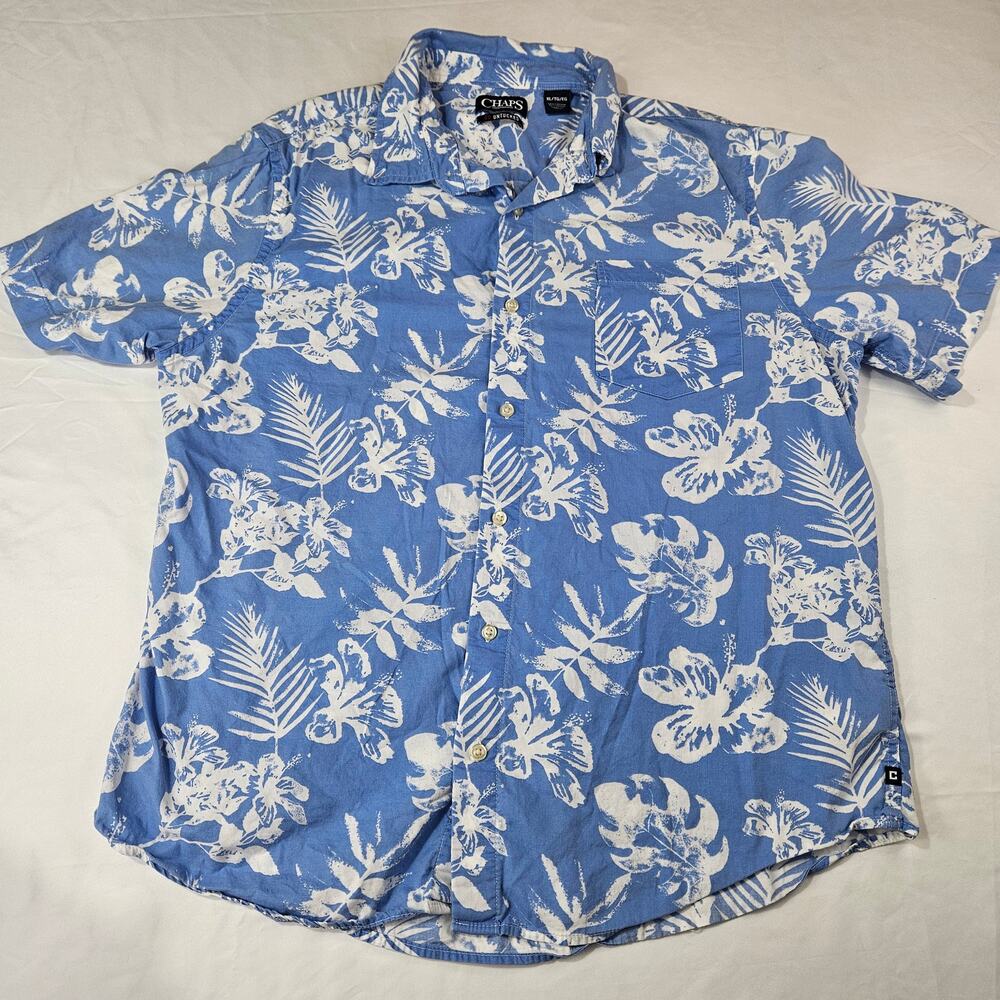 CHAPS Go Untucked Shirt Mens XL Blue Floral Tropical Short Sleeve Cotton Modal